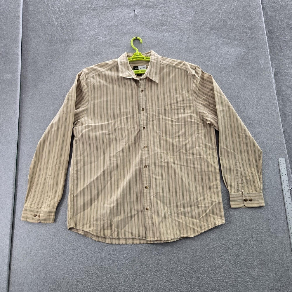 Eddie Bauer Men Button Up Shirt XL TALL Beige Striped Long Sleeve Y2K
